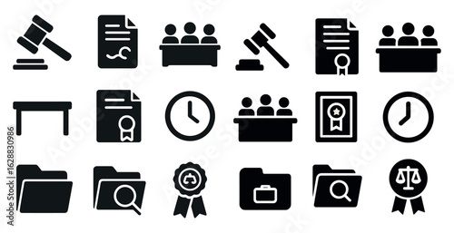 Law and justice solid icons set – filled, courtroom and legal symbols