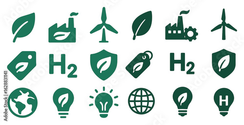 Eco-friendly and renewable energy icons set – solid, green, sustainability symbols