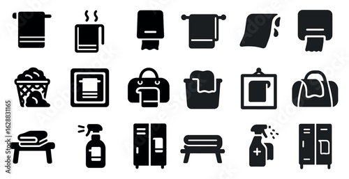 Cleaning supplies solid icons set – filled, household, hygiene symbols