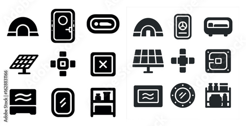 Space habitat and technology solid icons set – flat, filled, sci-fi elements