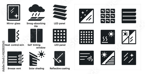 Construction and architecture solid icons set – building, design, engineering symbols