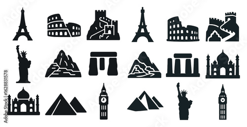 World monuments silhouette icons set – solid, filled, historical landmarks symbols