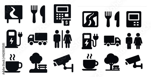 Transportation and amenities silhouette icons set – solid, filled, travel symbols