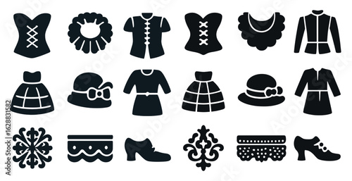 Vintage fashion silhouette icons set – solid, filled, retro apparel symbols