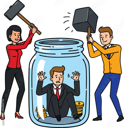 Businesspeople breaking glass jar to free trapped businessman with hammers in teamwork concept illustration