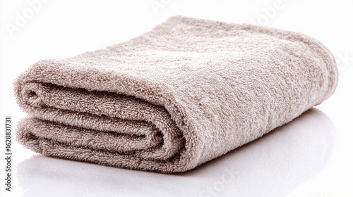 A folded towel in neutral light brown color, showcasing its soft texture, on a white background with a clear reflection beneath it.