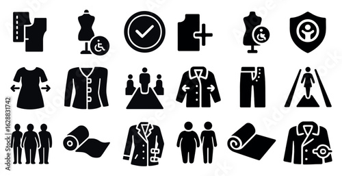 Fashion and clothing solid icons set – silhouette, apparel, garment design symbols