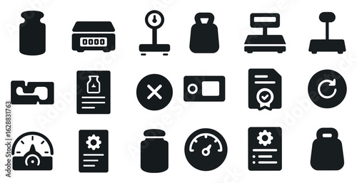 Weight measurement solid icons set - flat, filled, scale and balance symbols