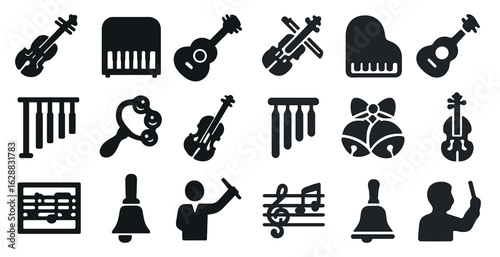 Musical instruments solid icons set – flat, filled, orchestra and concert symbols