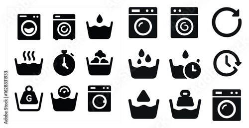 Laundry and cleaning solid icons set – filled, washing and housekeeping symbols