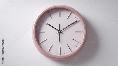 Wallpaper Mural A round clock with a pink frame and white face hangs on a wall. The clock face has silver tick marks and dark hands indicating the time. Torontodigital.ca