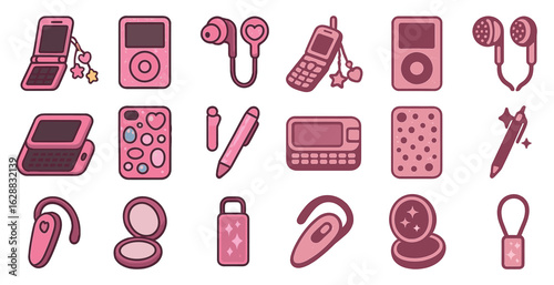 Retro gadgets flat icons set – vintage, tech, electronic devices graphics
