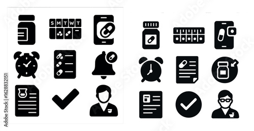 Healthcare and medicine solid icons set – pills, medication, pharmacy symbols