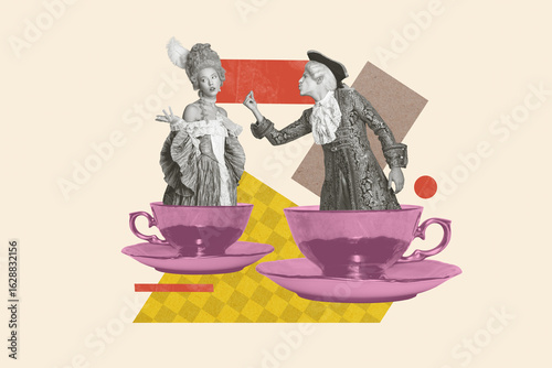 Photos Full 3d poster art photo collage of two count countess girl guy couple peek coff