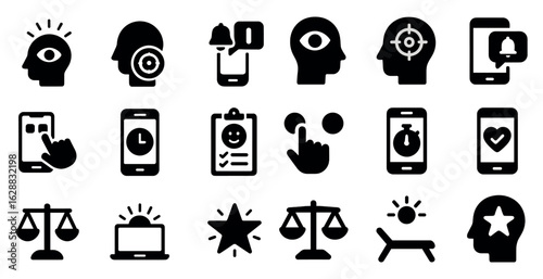 Head awareness solid icons set – silhouette, brain health, digital mindfulness symbols
