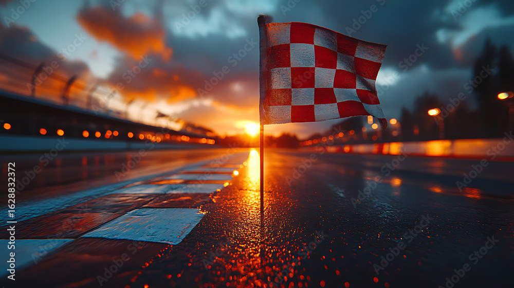 Naklejka premium Checkered Flag at Sunset on a Wet Race Track