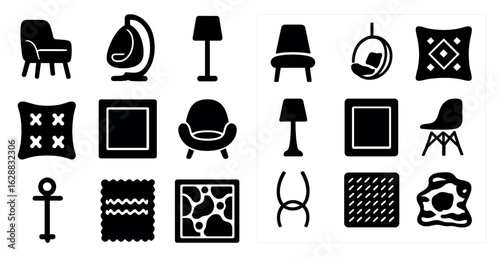 Home decor silhouette icons set – minimalist, interior design and furnishing symbols