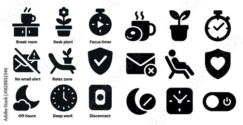 Office break room solid icons set – silhouette, filled, work productivity symbols