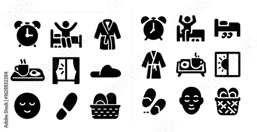 Morning routine solid icons set – filled, silhouette, daily activity symbols