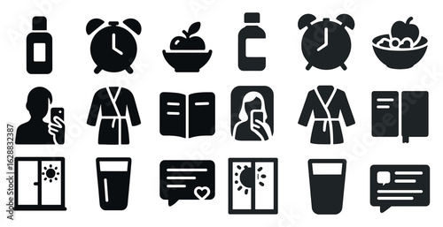 Morning routine silhouette icons set – solid, filled, daily habit symbols