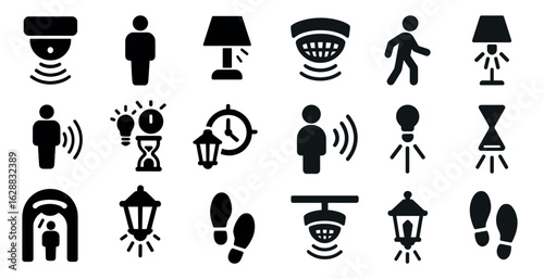 Home security solid icons set – alarms, monitoring, smart technology symbols
