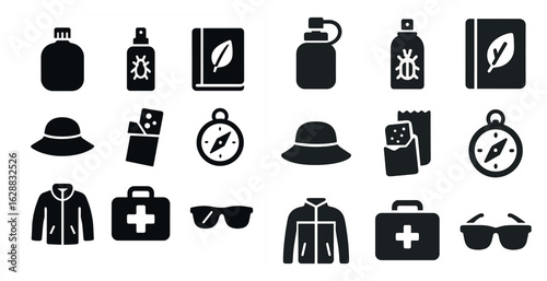 Outdoor adventure solid icons set – silhouette, filled, travel and survival tools