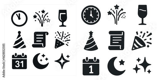 New year's eve solid icons set – filled, celebration, party essentials