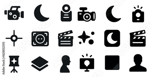 Photography and cinematography solid icons set – flat, filled, camera and film symbols