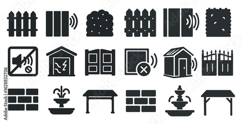 Soundproofing solid icons set – filled, noise control, acoustic barrier symbols