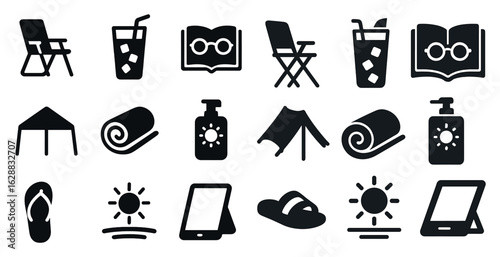 Summer and outdoor solid icons set – filled, vacation, travel symbol resources