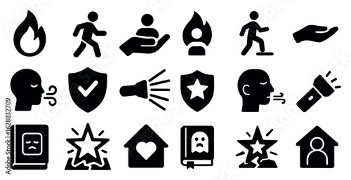 Safety and protection solid icons set – filled, security, emergency response symbols