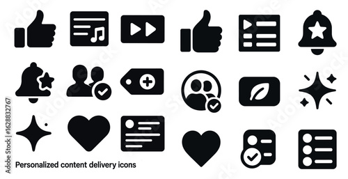 Personalized content delivery solid icons set – filled, flat, user interface symbols