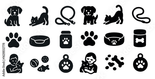 Pet care solid icons set – filled, silhouette, animal and veterinary symbols