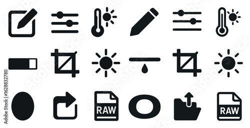 Photo editing solid icons set – filled, graphic design, digital manipulation tools
