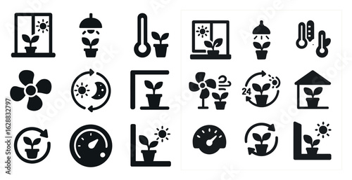 Gardening and plant care solid icons set – filled, silhouette, horticulture tools