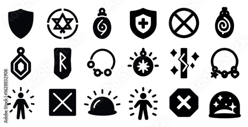 Magic and protection silhouette icons set – solid, mystical, enchantment symbols