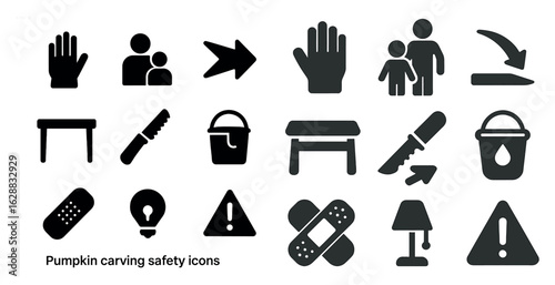 Pumpkin carving safety icons set – solid, filled, halloween and decorative symbols
