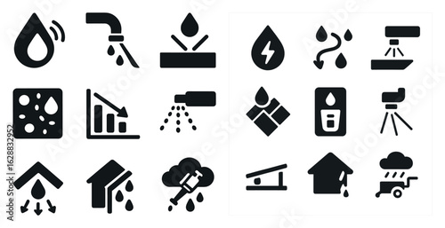 Water conservation solid icons set – eco-friendly, sustainability, environment symbols