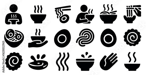 Ramen and noodle solid icons set – silhouette, filled, food and dining symbols