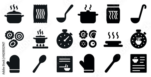 Cooking and kitchen solid icons set – flat, filled, culinary and recipe symbols