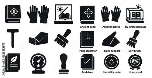 Library and archival silhouette icons set – protective, book preservation symbols