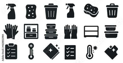 Cleaning and sanitizing solid icons set – filled, hygiene, sanitation symbols