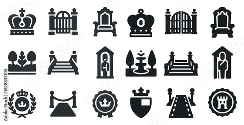 Royalty and leadership solid icons set – flat, silhouette, monarchy and governance symbols