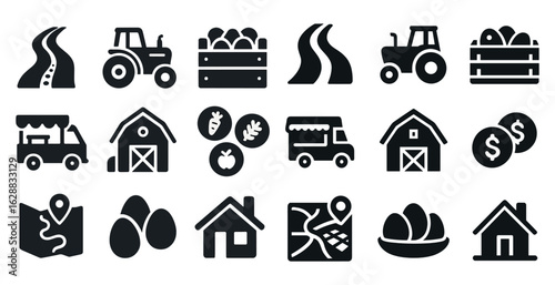 Agriculture and farming solid icons set – filled, barn, harvest and rural life symbols