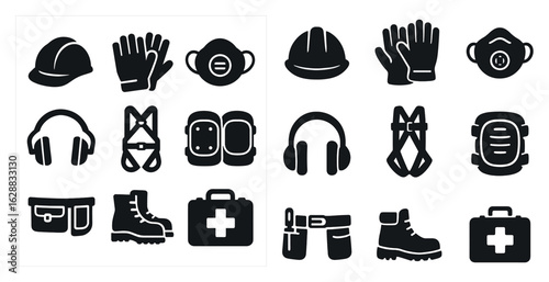 Safety equipment solid icons set – protective gear, industrial, construction symbols