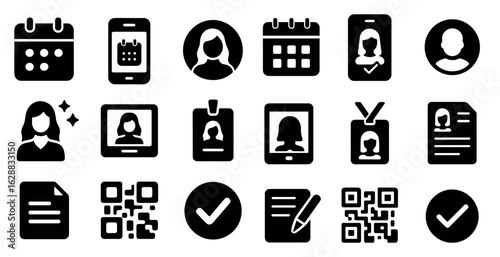 Business and office solid icons set – silhouette, corporate, productivity symbols