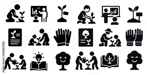 Environmental solid icons set – nature, conservation, green initiatives symbols