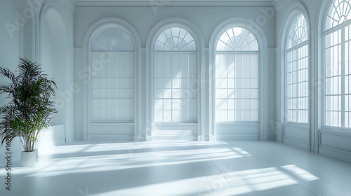 Sunlit Elegant Room with Arch Windows and Potted Plant