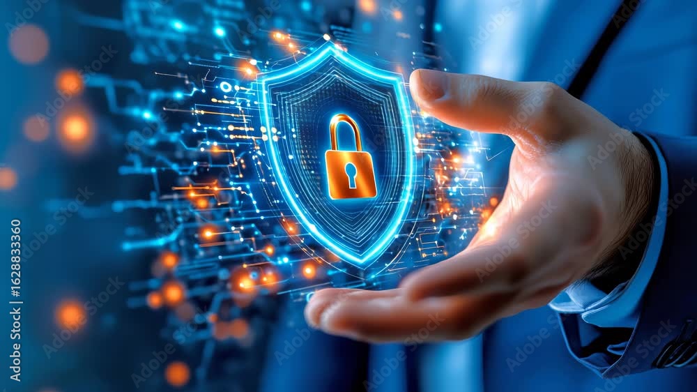 Hand holding futuristic digital shield with lock symbol representing ...