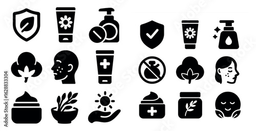 Skincare and beauty solid icons set – wellness, silhouette, cosmetic symbols